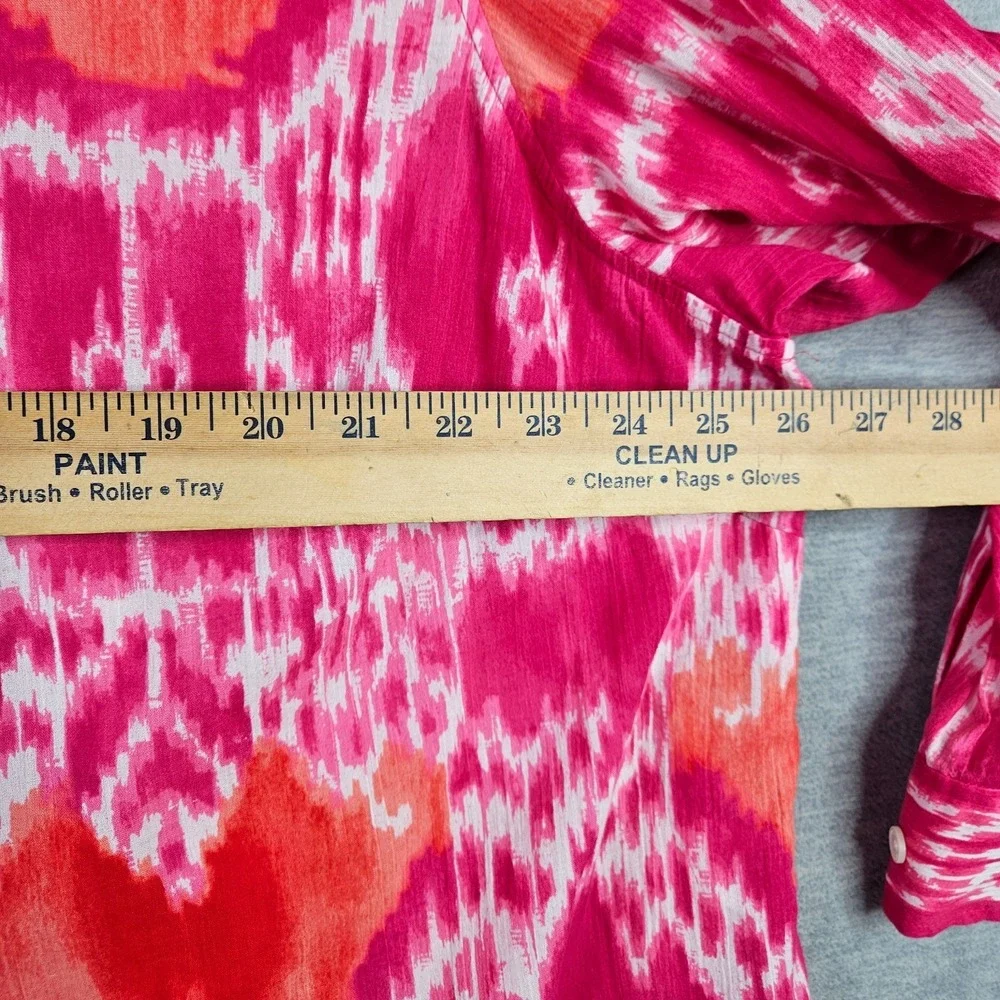 Jones New York Woman Women's 2X Pink Orange Ikat Print Button Front Shirt